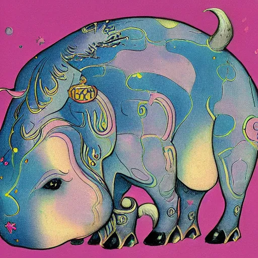 Prompt: the great magical cow, also known as the cosmic cow, has an enormous amount of charisma. a cow of a size of several thousand pounds and a body covered with an amazing array of hair, she has a beautiful blue coloration, she is quite docile and gentle, and her large, almost spherical body is always in motion.