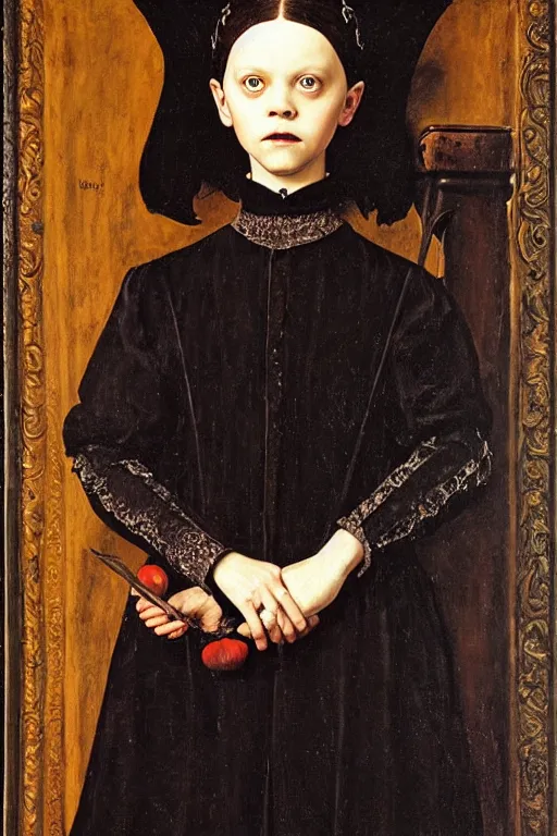 Prompt: portrait of wednesday addams, oil painting by jan van eyck, northern renaissance art, oil on canvas, wet - on - wet technique, realistic, expressive emotions, intricate textures, illusionistic detail