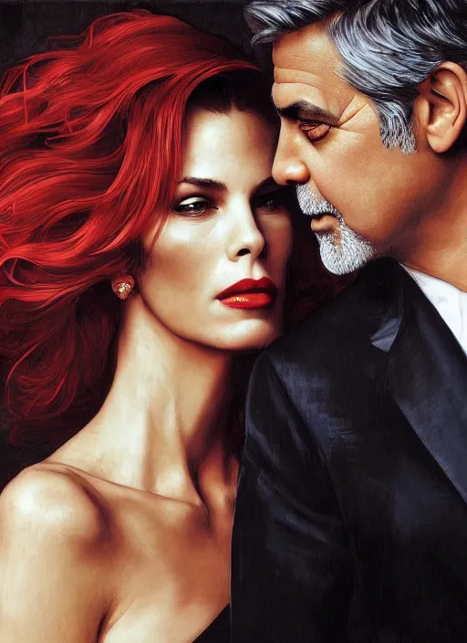 Image similar to george clooney wearing a formal black suit and kim basinger wearing a red dress in love hugging each other, highly detailed, focus stacked, candid portrait, art by artgerm and greg rutkowski and alphonse mucha