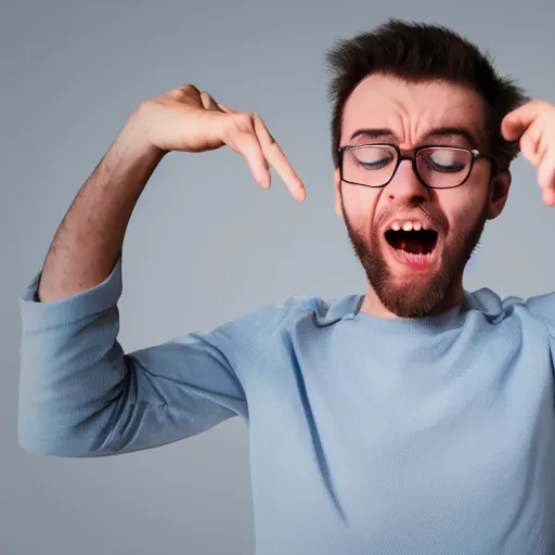 Prompt: Programmer with his hands on his head and screaming after finding a bug in the code, realistic photo