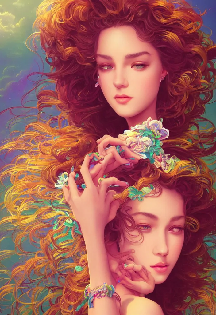 Image similar to beautiful, young woman, magical, detailed gorgeous face, vaporwave aesthetic, synthwave, colorful, psychedelic, artstation, concept art, smooth, extremely sharp detail, finely tuned detail, ultra high definition, 8 k, unreal engine 5, ultra sharp focus, illustration, art by artgerm, greg rutkowski and alphonse mucha