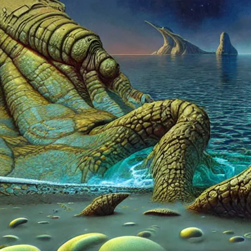 Prompt: Life in an Alien Tide Pool on an Exoplanet, art by Jim Burns and Donato Giancola