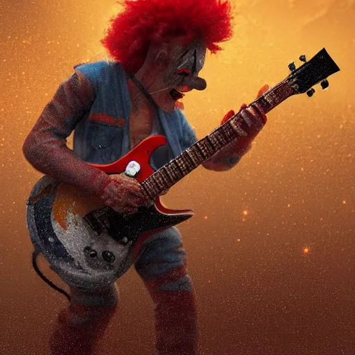 Image similar to UHD closeup of a Photorealistic clown playing electric guitar during a wicked lightning storm on Mars, with a cool pose, by Antonio Caparo and Ferdinand Knab and Greg Rutkowski, UHD, photorealistic, trending on artstation, trending on deviantart