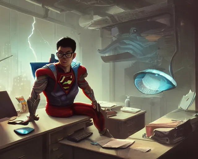 Image similar to an insanely detailed painting of a nerdy asian man wearing a superhero costume, sitting at a desk, staring at the nervously at the computer and typing, in the style of peter mohrbacher, dramatic lighting and composition, octane render, pixar, trending on artstation, concept art, comic book, view from behind