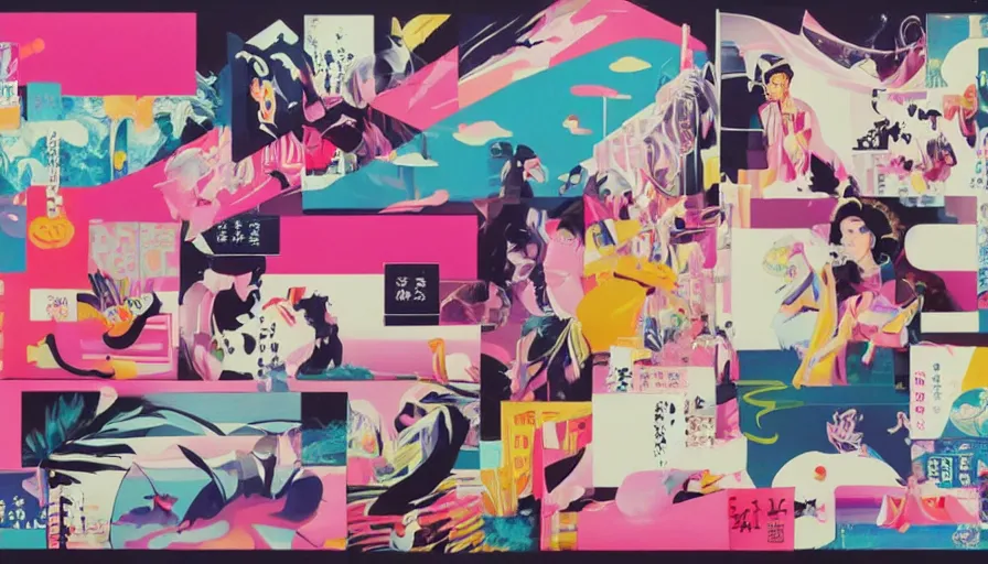 Prompt: Japan Travel Aesthetic, sense of wonder, expectation of adventure, avant-garde edgy, tasteful, modern contemporary motion graphic design title background with a white acrylic base coat, acrylic airbrush collage-painting by Jules Julien, Alex Yanes and Lisa Frank, muted colors with predominant white background minimalism, neon color mixed media painterly details, neo-classical composition, rule of thirds, design tension, impactful graphic design