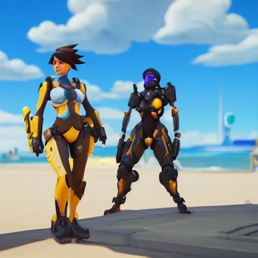 Image similar to tracer and mercy from overwatch relaxing at the beach getting a sun tan, unreal engine 5 4 k