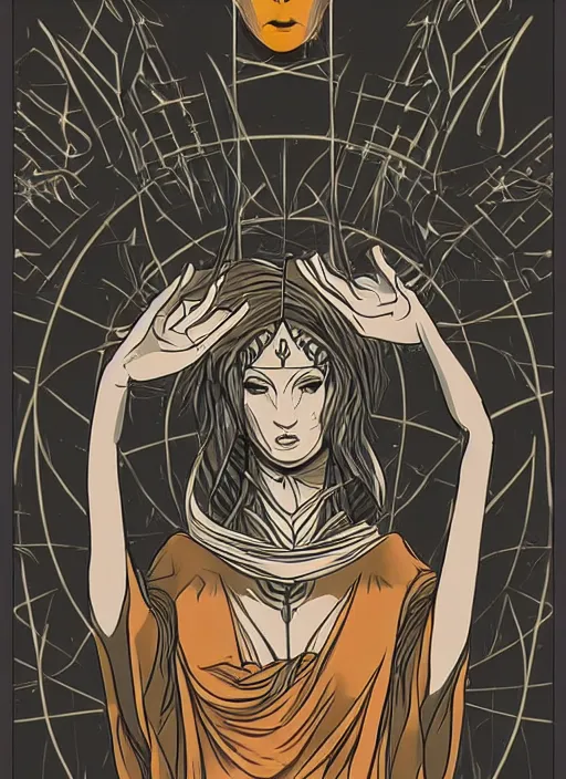 Image similar to tarot!!, high priestess, no noise, elegant, concept art, sharp focus, beautiful face!!, digital art, smooth defined outlines!!, human anatomy, human structure, vector background, dark fantasy, by Yukio Miyamoto