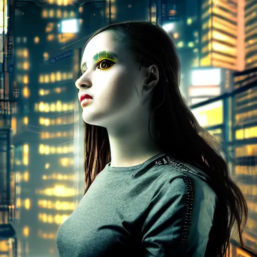 Image similar to a portrait photo of a beautiful young cyberpunk girl in a futuristic cyberpunk city, very sharp and detailed image, award winning