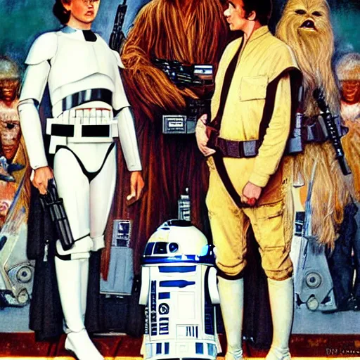 Image similar to star wars movie poster in the style of norman rockwell, detailed painting, 8 k