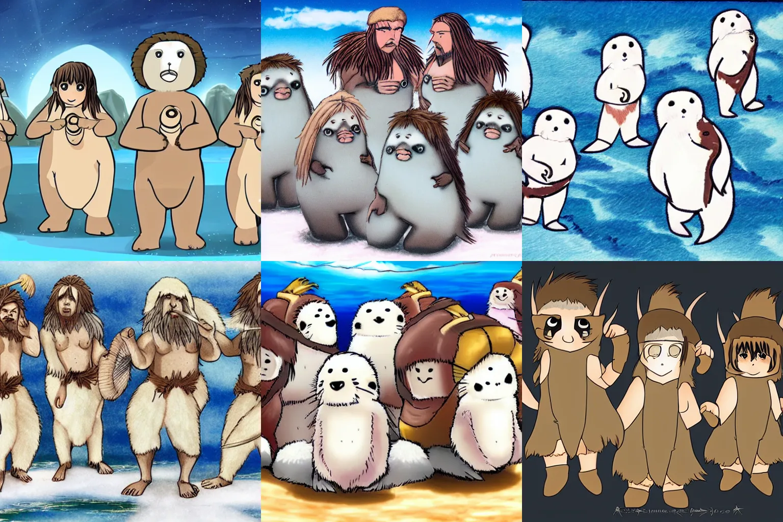 Prompt: a group of baby harp seals dressed as cavemen, anime style