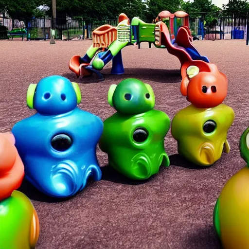 Prompt: a beautiful photo of baby aliens having fun at a playground, very detailed, masterpiece, photorealistic