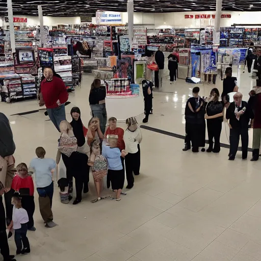 Prompt: A funeral inside a Walmart, dramatic photo