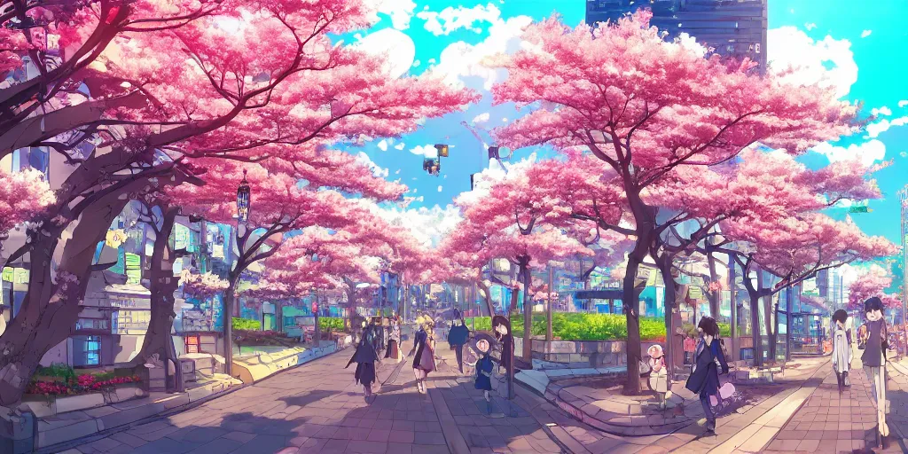Image similar to anime art style cityscape, spring season anime city with cherry blossoms in the wind, day time sun in the sky, clear weather, japan, detailed and sharp, artstation