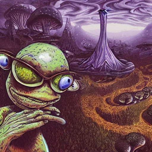 Image similar to A centered waist up portrait of a scary psychedelic godlike anthropomorphic frog smoking tobacco , magic mushroom village in background . award winning. superb resolution. in the art style of junji Ito and greg rutkowski . Detailed Mushroom city in background. Hyper realistic anime. Perfect art. Dalle2