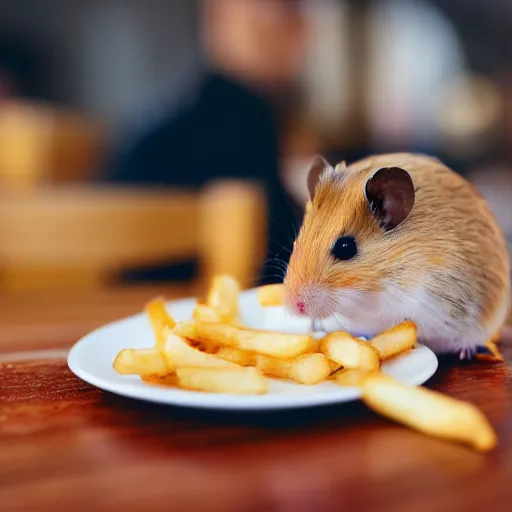 Image similar to detailed photo of a hamster eating fries, fancy restaurant, various poses, full body, unedited, daylight, dof 8 k