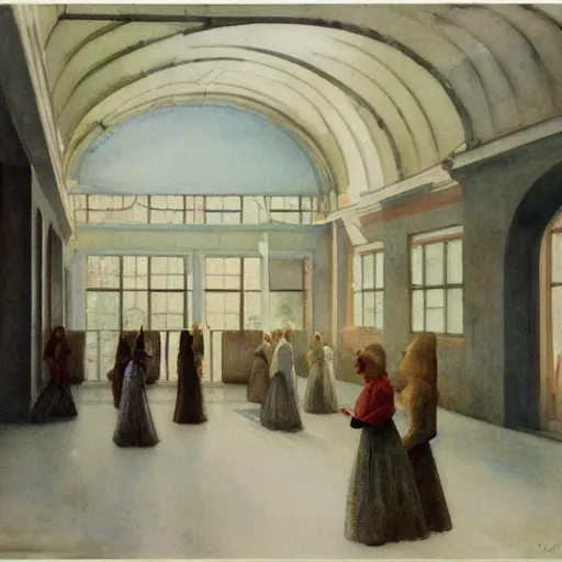 Prompt: a procession of glassy women in an abandoned soviet temple, watercolor by ivan biblin, by hammershøi, art noveau, highly detailed, lights by edward hopper, liminal, eerie, bright pastel colors