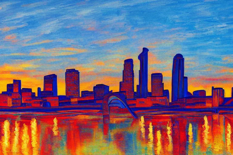 Prompt: winnipeg skyline, sunset, painting by picasso, 4 k