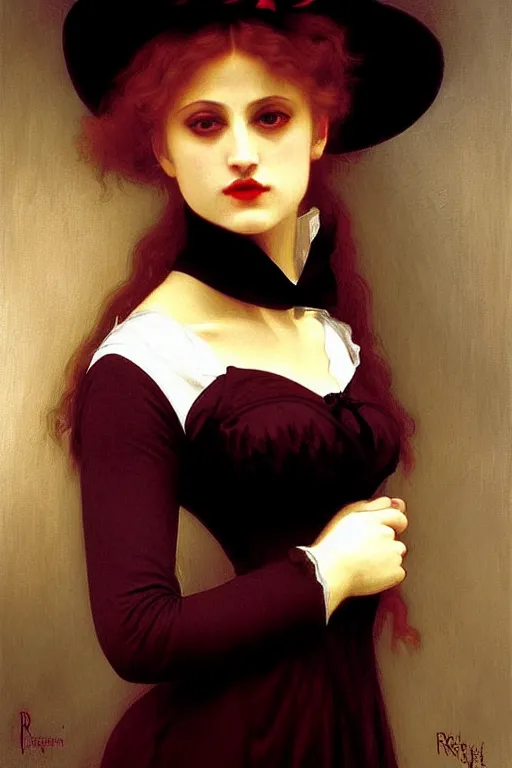 Image similar to victorian vampire in a big hat painting by rossetti bouguereau, detailed art, artstation