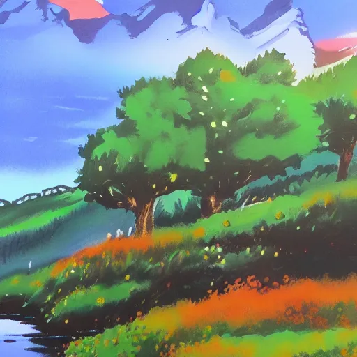 Prompt: gouache landscape by miyazaki, gouache painting by disney