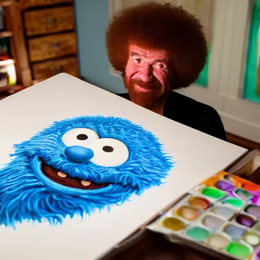 Image similar to a closeup photorealistic photograph of bob ross working on a canvas painting of cookie monster. film still. brightly lit scene. mountains and trees. this 4 k hd image is trending on artstation, featured on behance, well - rendered, extra crisp, features intricate detail, epic composition and the style of unreal engine.