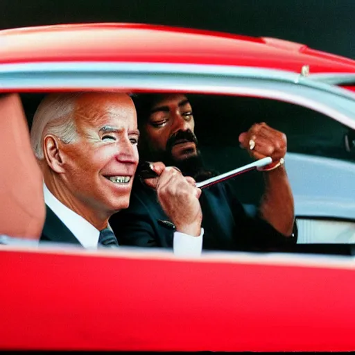 Prompt: joe biden smoking blunt with snoop dog in ferrari testarossa