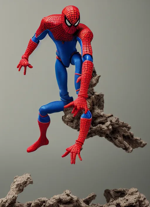 Image similar to product photography of a claymation action figure mechanical spiderman, depth of field, zeiss lens, detailed, centered, by erwin olaf, joop geesink, wes anderson, breathtaking, 8 k resolution, extremely detailed, beautiful, establishing shot, realistic materials, hyperrealistic