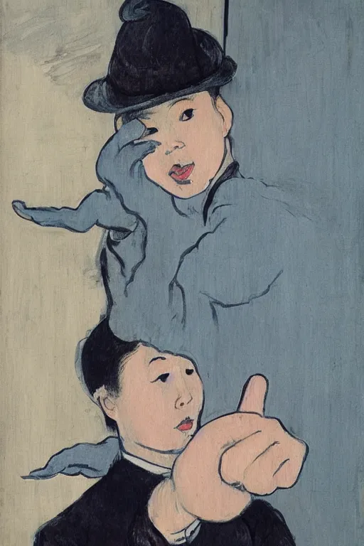 Image similar to lo yan does a pinky swear with a ghost, a henri de toulouse - lautrec electro swing aesthetic painting, local dwelling starts freezing solid in the midst of invasion