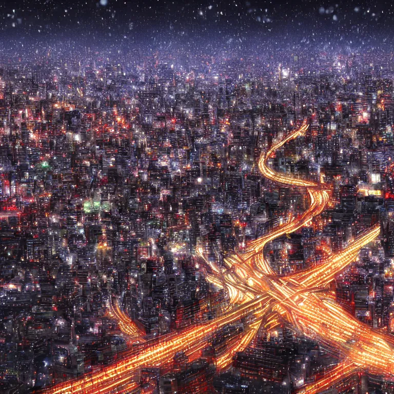 Image similar to beautiful and highly detailed 3 d render of tokyo with many lights and lens flares, snowy winter christmas night