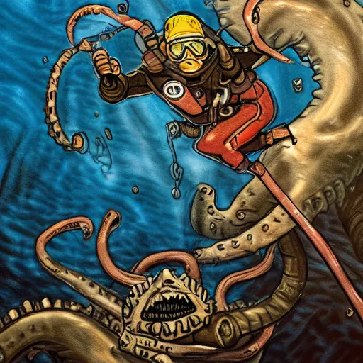 Prompt: old drawing of a scuba diver fighting against a kraken underwater, under water scenery, dramatic lighting, intense, epic, drawing