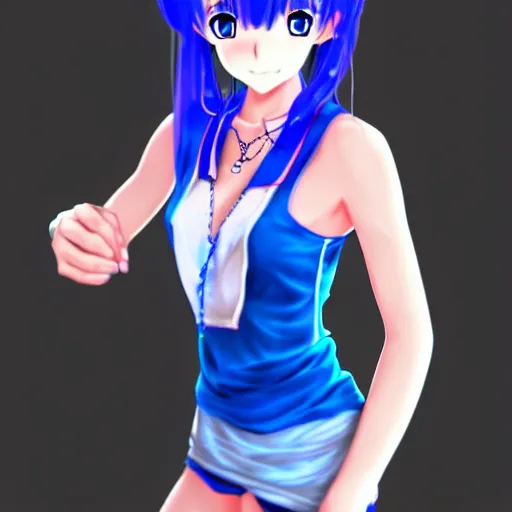 Image similar to 3d anime girl, wearing a tanktop, gorgeous face, blue eyes, ribbon in her hair, silver necklace, , high quality anime art, trending on artstation