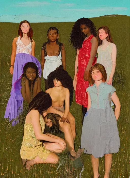 Prompt: composition by justine kurland, a zoomed out portrait of a group of beautiful diverse girls in diverse clothing in a scenic representation of mother nature and the meaning of life by billy childish, thick visible brush strokes, shadowy landscape painting in the background by beal gifford, vintage postcard illustration, minimalist cover art by mitchell hooks