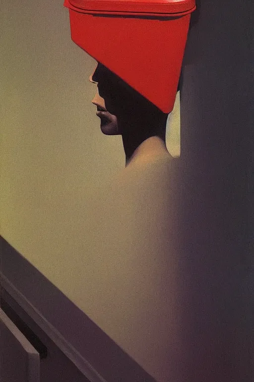 Image similar to a man wearing a trash bin through her head Edward Hopper and James Gilleard, Zdzislaw Beksinski highly detailed