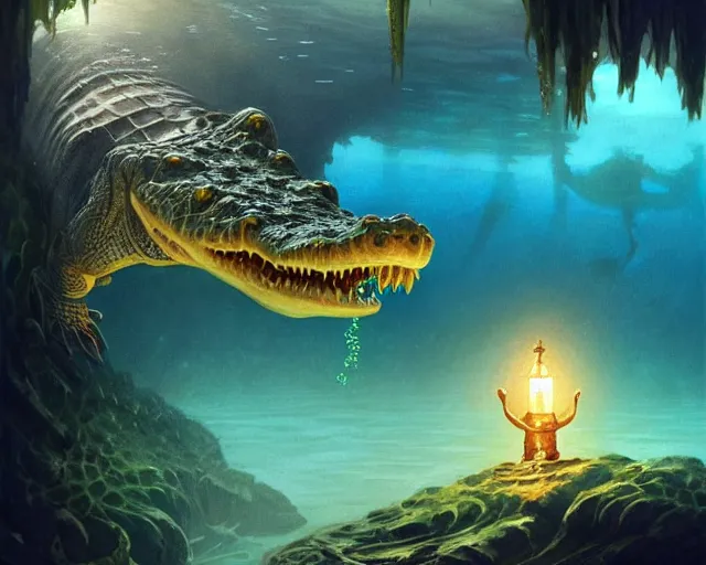 Image similar to a crocodile underwater discovering a glowing key on the bottom of a lake, deep focus, d & d, fantasy, intricate, elegant, highly detailed, digital painting, artstation, concept art, matte, sharp focus, illustration, hearthstone, art by artgerm and greg rutkowski and alphonse mucha