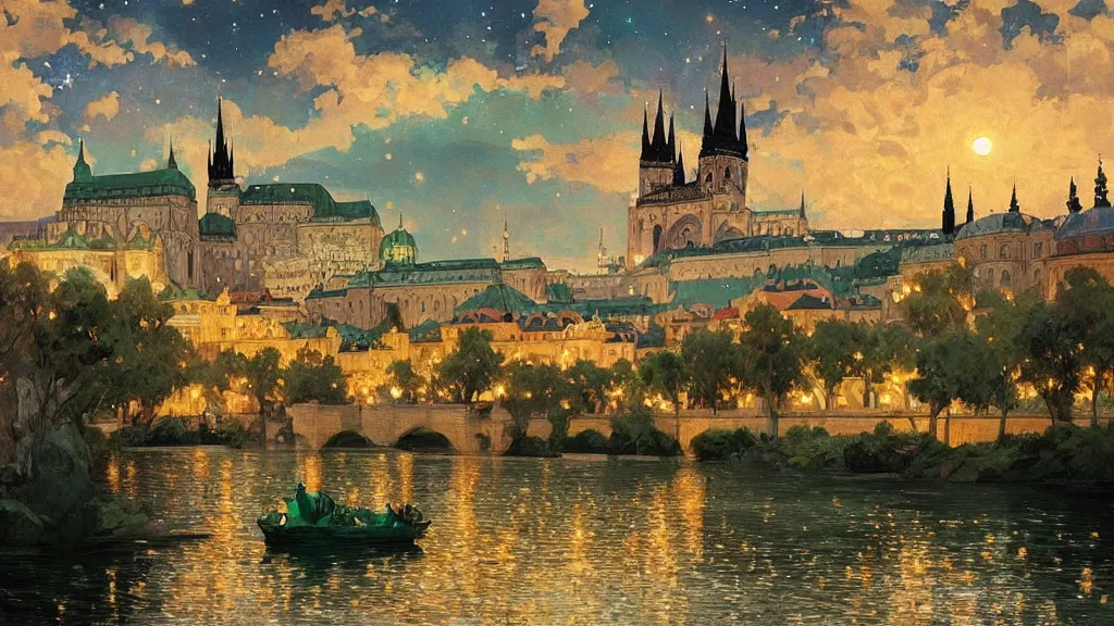 Image similar to a beautiful painting of a view from the river of an arabian prague palace made of green, polished semiprecious malachite marble and jade at night with a sky full of stars, intricate, elegant, highly detailed, digital painting, artstation, concept art, by krenz cushart and artem demura and alphonse mucha