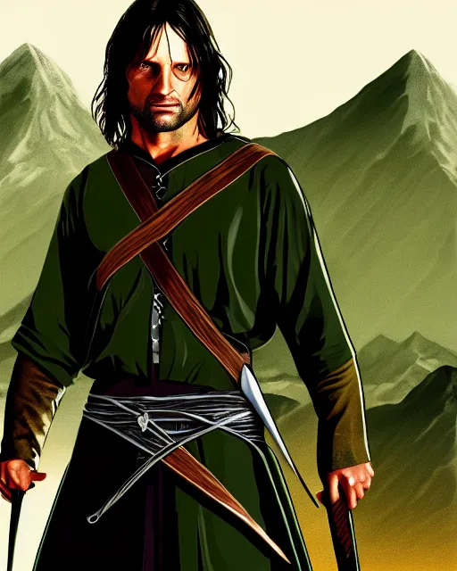 Image similar to Aragorn from Lord of the rings in GTA V, Cover art by Stephen Bliss, boxart, loading screen, 8K resolution