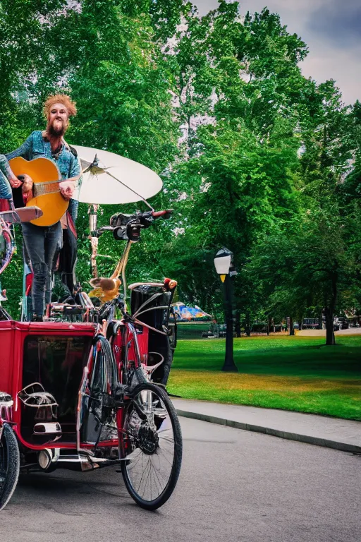 Image similar to potrait of band playing in the park with christiania cargobike. Summer. High definition, Cinematography, mega scans, cinematic, hyper realistic, photo realistic, cinematic composition, highly detailed, vray, 8k render