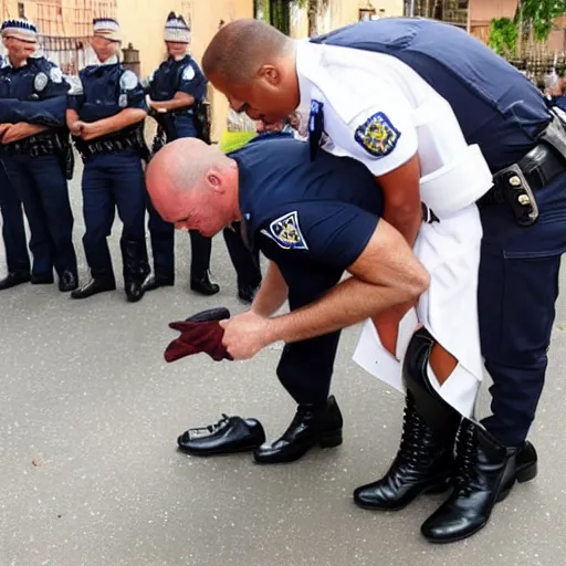 Image similar to man licking the boots of a police officer with 😋