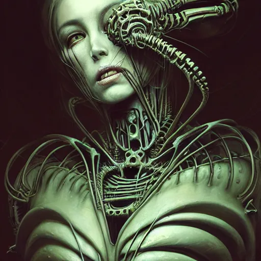 Image similar to a portrait of a beautiful biomechanical queen of necropolis, horror concept art by giger and beksinski and szukalski and wlop and pete mohrbacher, digital art, highly detailed, intricate, sci-fi, sharp focus, Trending on Artstation HQ, deviantart, unreal engine 5, 4K UHD image