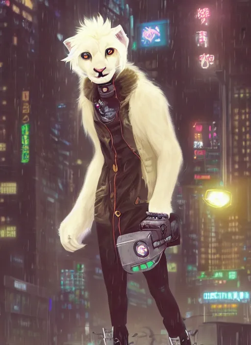 Image similar to character portrait of a male anthro albino mountain lion fursona with a tail and a cute beautiful attractive furry face wearing stylish cyberpunk clothes in a cyberpunk city at night while it rains. hidari, color page, tankoban, 4K, tone mapping, Akihiko Yoshida.