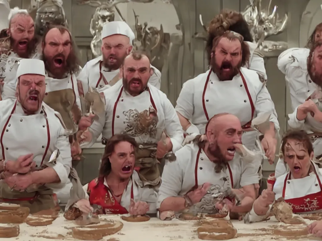 Prompt: Angry fierce Klingons!!! in a baking competition, still from The Great British Baking Show