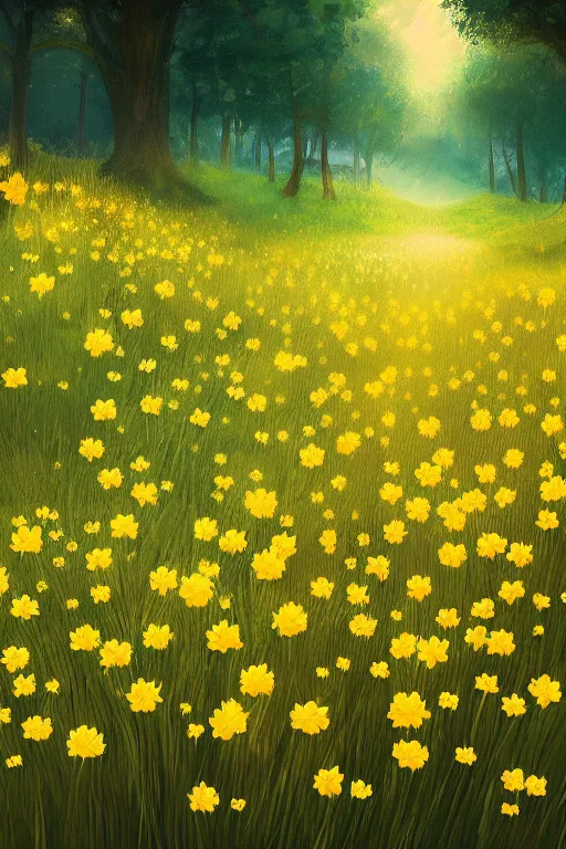 Prompt: beautiful digital matter cinematic painting of whimsical botanical illustration of buttercups scene by greg rutkowki and alena aenami artstation