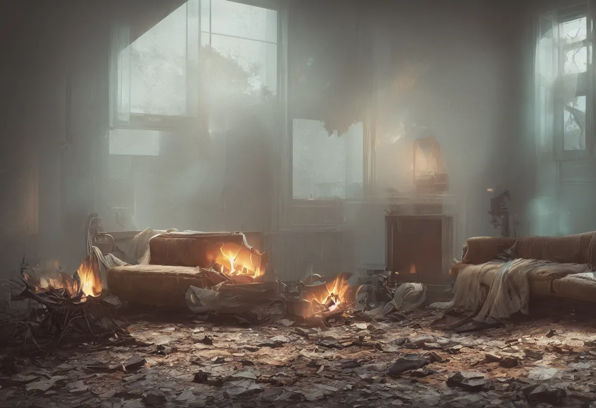 Image similar to intimate photograph of one single lone solitary cerulean and brown decaying futuristic robot lying on a frayed fainting couch facing a beautiful fireplace with a cozy fire, in a dusty Victorian home, soft morning light seeping in a window, with cinematic lighting and lens flare, tall ceiling, octane render, cgsociety, by Simon Stalenhag and Sylvian Boussiron and Alfonso Cuaron, highly detailed closeup portrait, award-winning highly detailed 8k anamorphic closeup tight cinematic movie photograph