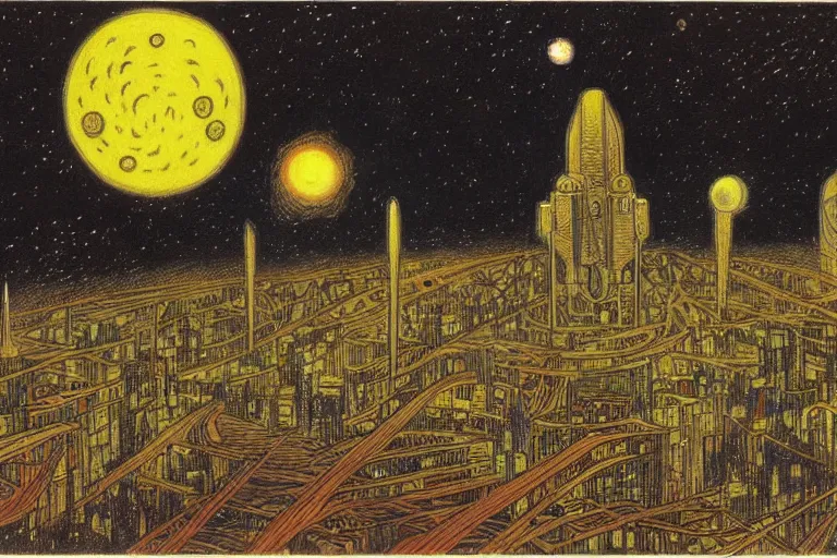 Prompt: a scifi illustration, Night City on Tatooine by Louis Wain (1920)