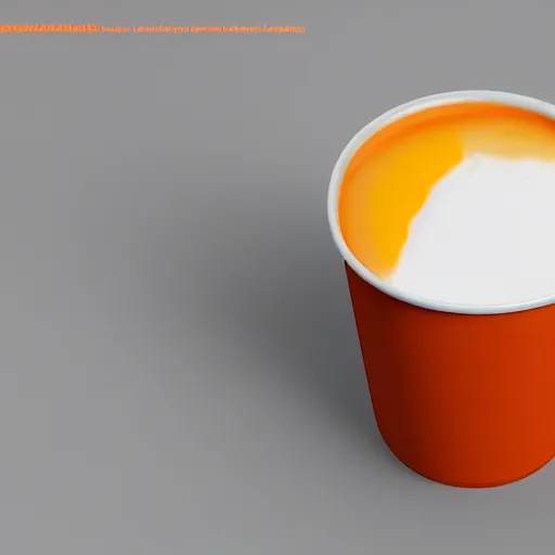 Prompt: a white cup with orange juice in it, clay render, octane render, 4 k, uhd, white background, isometric perspective view, diffuse lighting