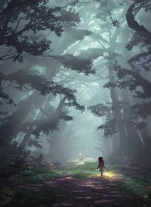 Image similar to a dark forest path, beautiful ancient trees, hiding large treasure chest, evening atmosphere, soft lens, soft light, cel - shading, animation, in the style of cgsociety, deviantart, artstation, zbrush, cinema 4 d, studio ghibli, akihiko yoshida, atelier lulua, masamune shirow