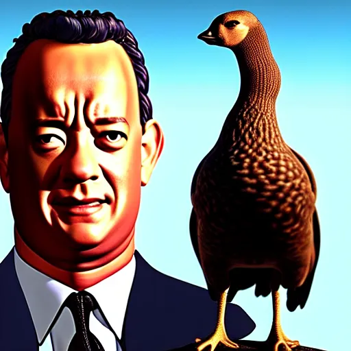 Prompt: Tom hanks at the top of a mountain, scenic view, holding an angry goose!!! , digital art, gta 5 cover art, trending on artstation
