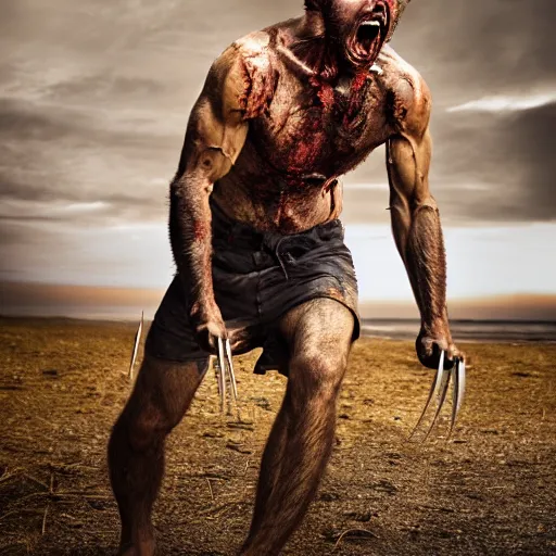 Image similar to the wolverine screaming, zombie, full body shot, butcher by yousuf karsh, golden hour, realistic, body shot, sharp focus, 8 k high definition, insanely detailed, intricate, elegant