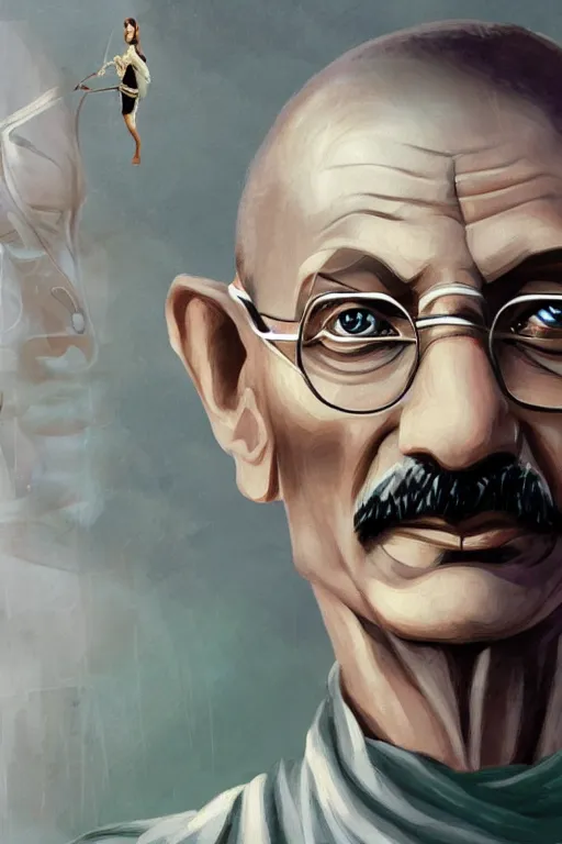 Prompt: a selfie of Mahatma Gandhi in the movie: Matrix, fantasy, intricate, young and cute girl, highly detailed, digital painting, artstation, concept art, smooth, sharp focus, illustration