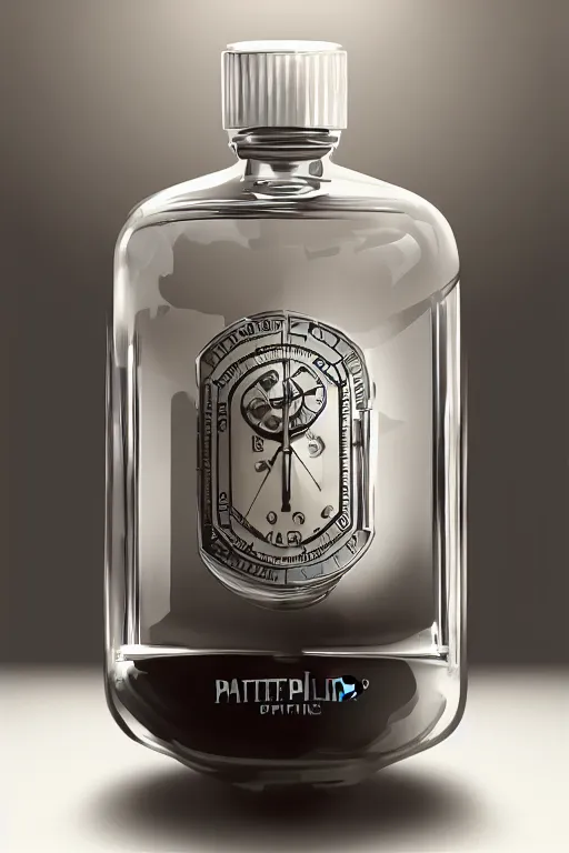 Image similar to concept art of a patek philippe white dietary supplement in a transparent bottle with big black sticker on it by aenaluck, artgerm and roberto ferri and greg rutkowski, blue and white tones, digital painting, artstation, concept art, smooth, sharp foccus ilustration hq