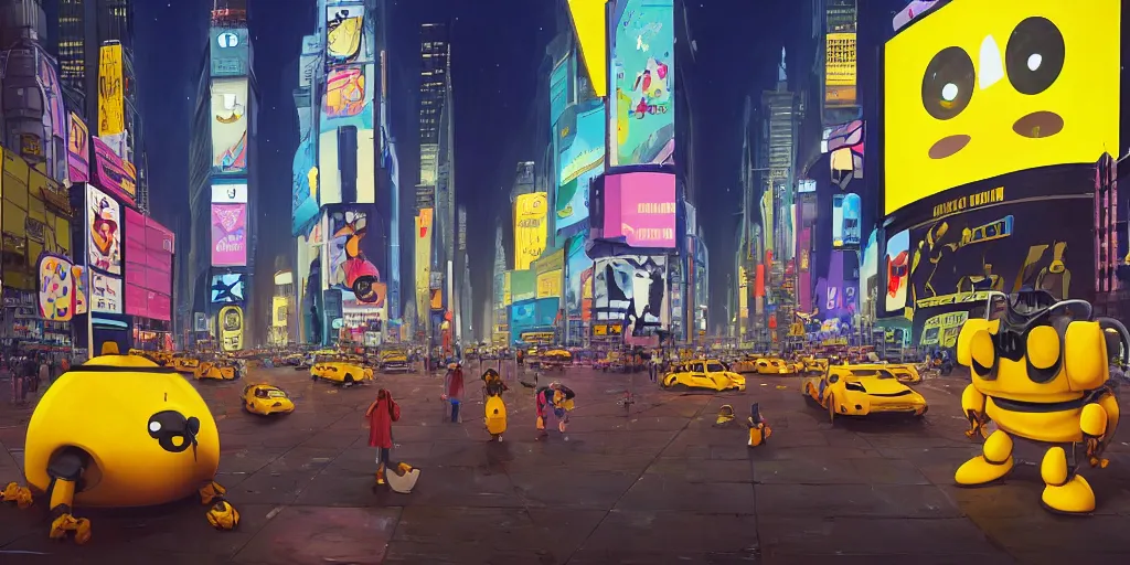 Prompt: cute cartoon bumblebee person in Times Square at night by Goro Fujita and Simon Stalenhag and Matt groening,8k, trending on artstation, hyper detailed, cinematic